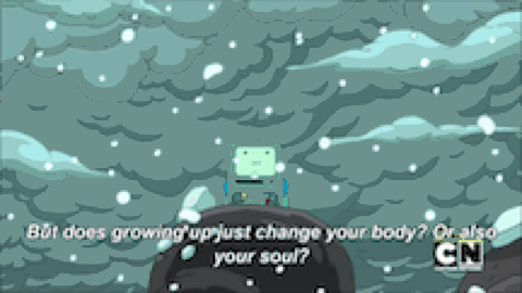 BMO in the snow asking 'But does growing up just change your body? Or also your soul?'